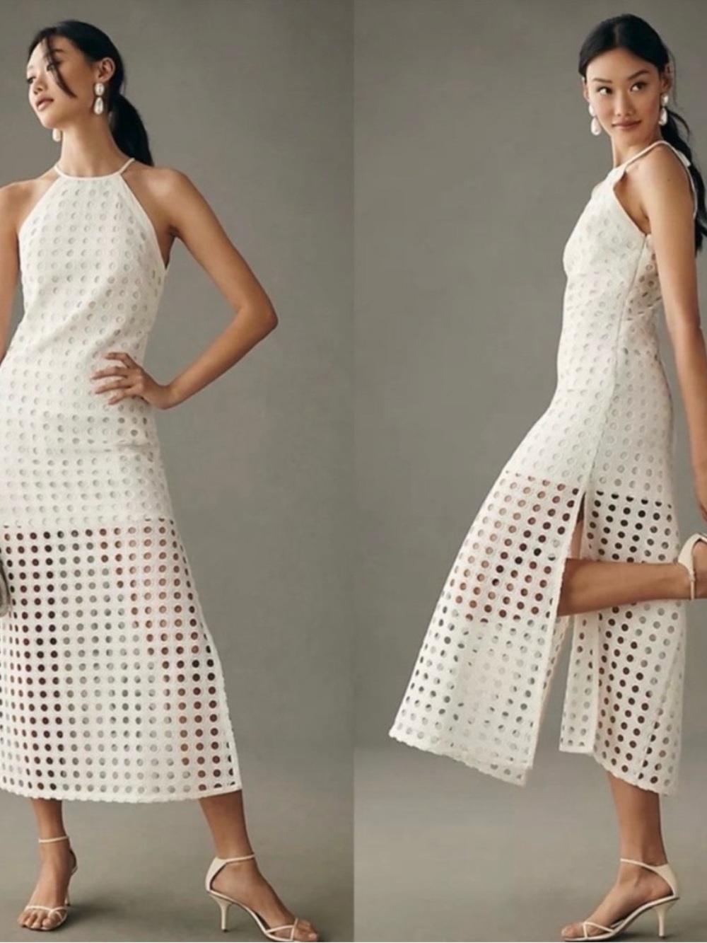 Anthropologie White Eyelet Halter Maxi Dress with Side Slits-NWT!